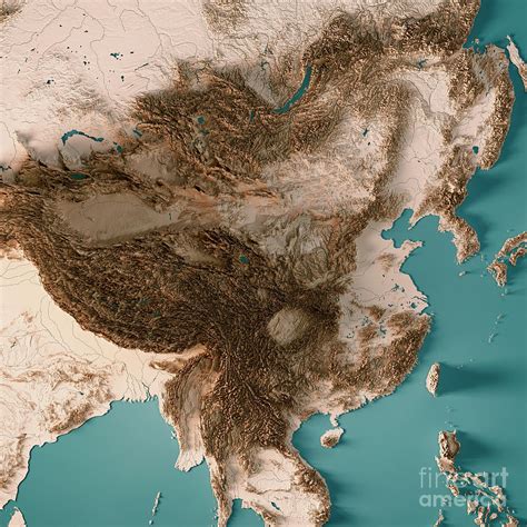 China 3D Render Topographic Map Neutral Digital Art by Frank Ramspott - Pixels