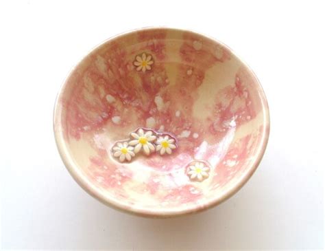 Items similar to SALE Ceramic bowl ring dish trinket dish daisies blossom crackle glaze pottery ...