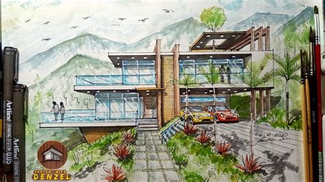 How to draw 2 Storey Modern House on Hills 1 point perspective #howto #tutorial #sketch #draw # ...