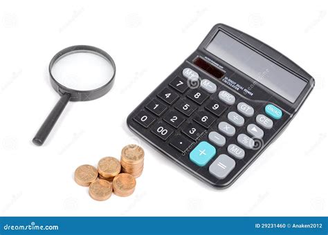 Magnifier,coins and Calculator Stock Photo - Image of financial, budget: 29231460