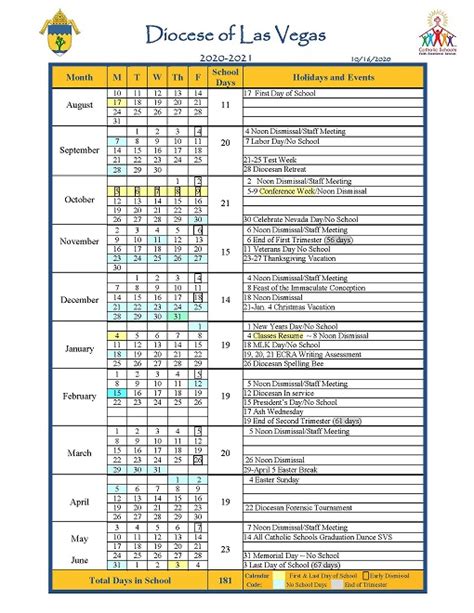 School Year Calendar – Diocese of Las Vegas Department of Catholic Schools