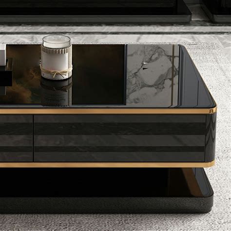 Modern Black Coffee Table with Wood Block Base and Four Drawers - Tempered Glass 59"L x 31"W x ...