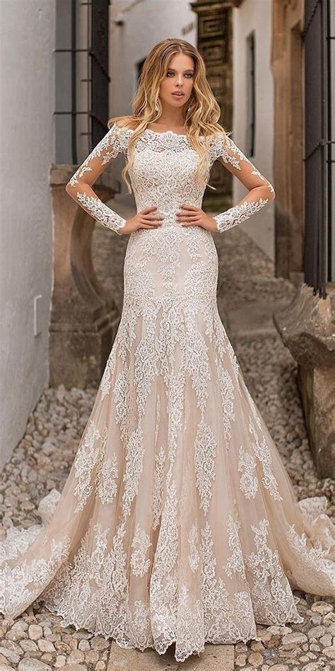 lace wedding dresses fit and flare with illusion long sleeves lace blush navibluebridal official ...