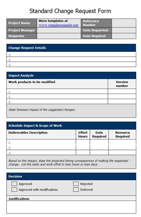 Standard Change Request Form ~ Template Sample