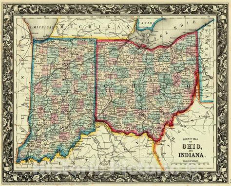 Historic Map : 1861 County Map of Ohio and Indiana : Vintage Wall Art ...