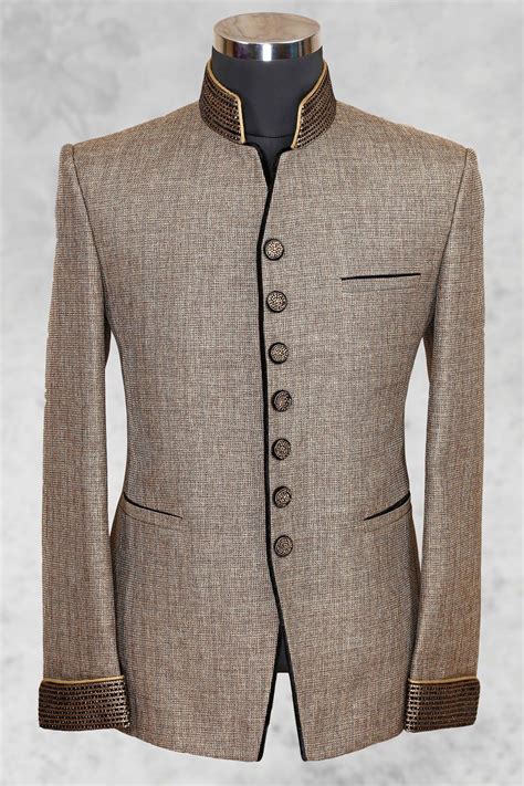 Light brown well dressed jute suit with bandhgala collar-ST482 | Fashion suits for men, African ...