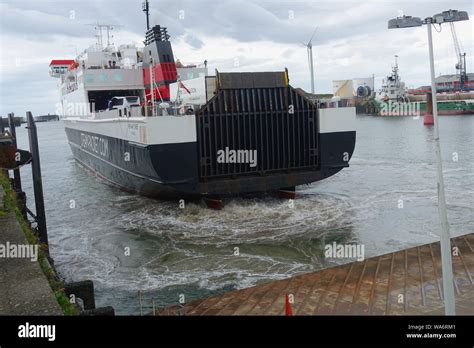 Isle of Man ferry Ben My Chree reverses into her berth at the Heysham, Lancashire, ferry ...