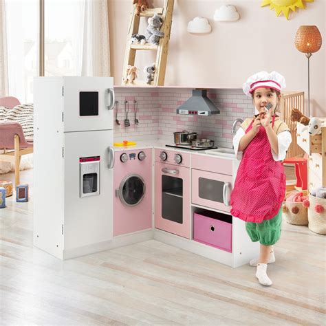 Corner Play Kitchen Wooden Toy Set with Sound and Light - Costway