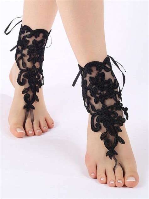 Free Ship Black Barefoot Sandals, French Lace, Shoes, Gothic, Wedding ...