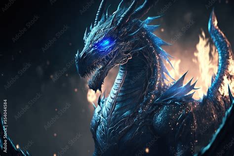 A blue dragon with glowing blue eyes on a dark background with fire ...