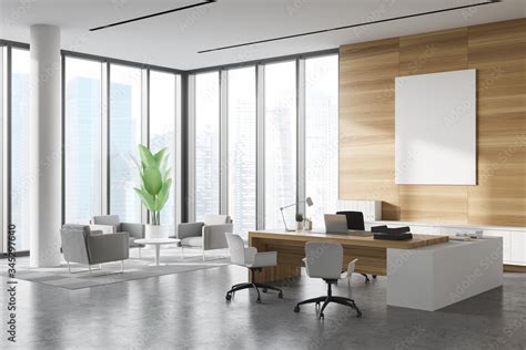 White and wood CEO office corner lounge and poster Stock Photo | Adobe Stock