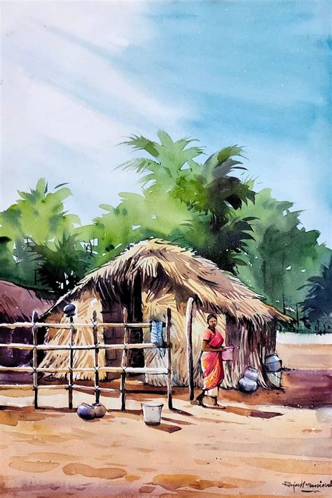 Village life Painting by Rajesh Manimala | Saatchi Art