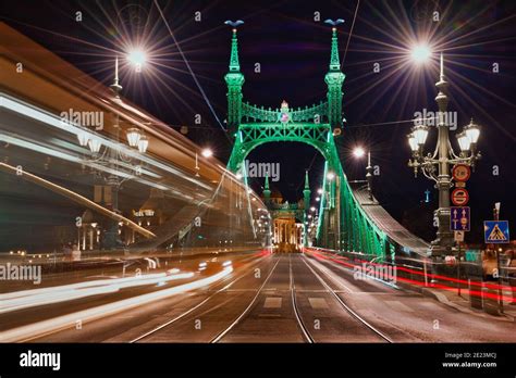 Liberty Bridge by night with light trails Stock Photo - Alamy