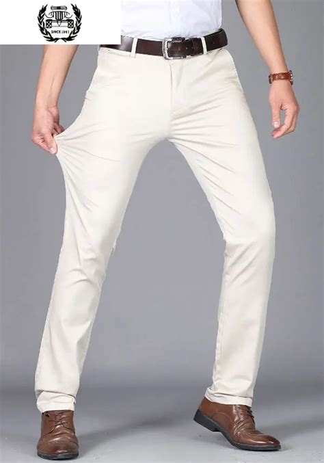 2019 Mens Summer Pants Long 30~42 Brand Clothes Beige Thin Cotton Solid Color Elastic Pants ...