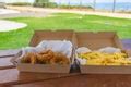 Takeaway fried fish, chips and calamari - Free Stock Image