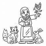 Buddhism Female Monk With Animal Isolated Coloring Stock Illustration  sketch template