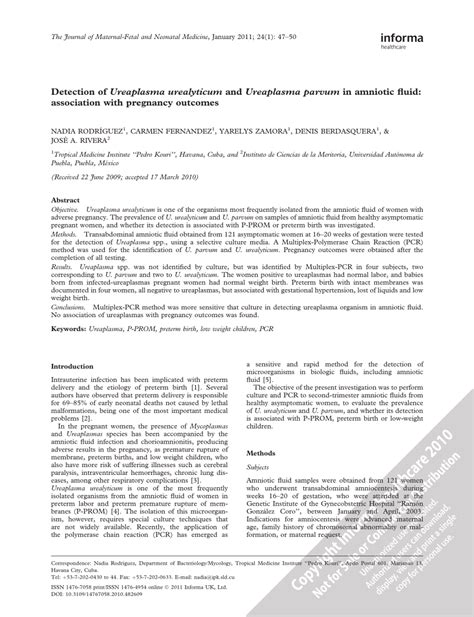 (PDF) Detection of Ureaplasma urealyticum and Ureaplasma parvum in amniotic fluid: Association ...