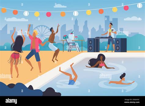 People dance in pool party vector illustration. Cartoon happy man woman dancer characters ...