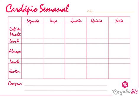 Cardápio Semanal para imprimir | Cardápio semanal, Diário alimentar, Semanal