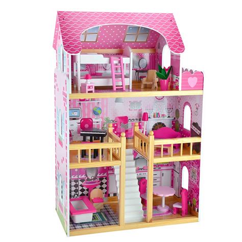 90CM 3 Storey Large Wooden Doll House Dollhouse Kids Girl Furniture Pink 16pc | eBay