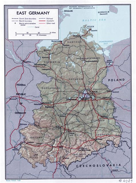 Large political and administrative map of East Germany with relief, roads, railroads and major ...