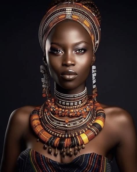 an african woman with large necklaces and earrings on her head, in front of a black background