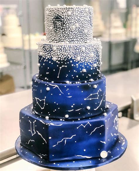 Navy blue wedding cake with white pearls made with Satin Ice | The Master Baker | Navy blue ...