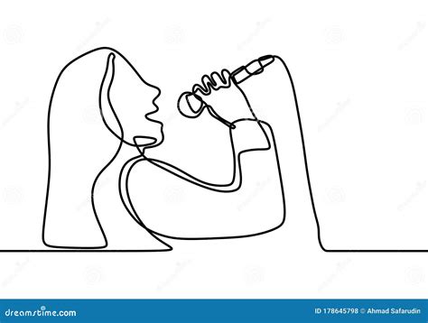 Single Line Drawing, A Girl With Long Hair Is Singing Into The Microphone. Singing With Holding ...