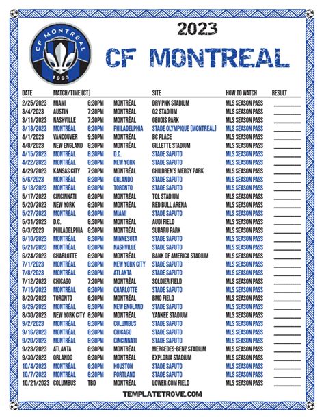 Printable2023 CF Montreal Soccer Schedule