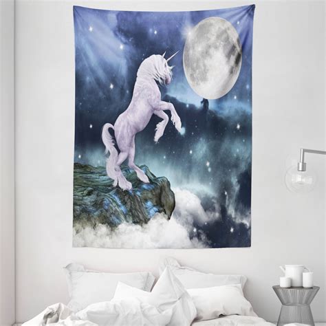 Unicorn Tapestry, Legendary Creature Up Cliffs Rocks in Full Moonlight ...