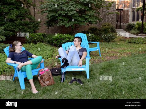 Yale University students attending summer school relax after dinner at Morse Residential College ...