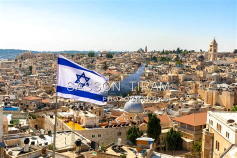 Jerusalem Israel flag above the roofs of the old city - sasson-photos.com