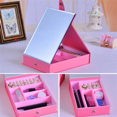 Cosmetic Storage Boxes With Makeup Mirror Black/Pink Leather Box ...