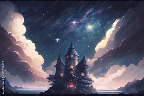 Beautiful castle in the night with stars on the sky. Anime wallpaper ...