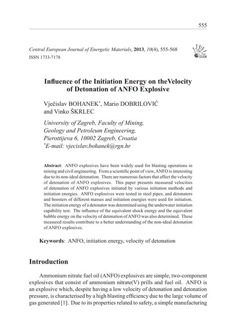 (PDF) Influence of the Initiation Energy on the Velocity of Detonation of ANFO Explosive