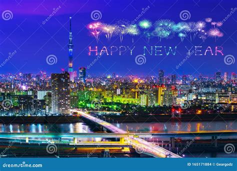 Happy New Year Fireworks Over Tokyo Cityscape at Night, Japan Editorial Stock Image - Image of ...