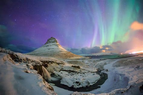 Download Aurora Borealis Waterfall Kirkjufoss Snow River Mountain Iceland Sky Nature Kirkjufell ...