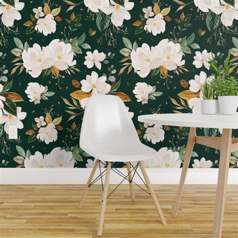 Pre-Pasted Wallpaper 2FT Wide Gold Floral Monstera Green Background Flower White Custom Pre ...