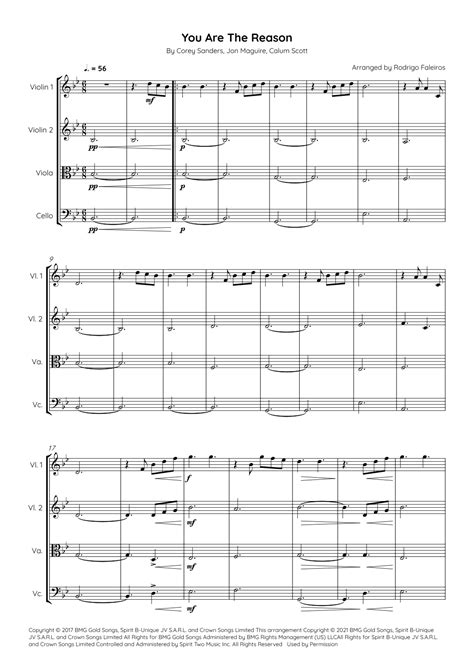 You Are The Reason (arr. Rodrigo Faleiros) Sheet Music | Calum Scott | String Quartet