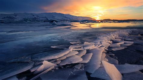 nature, Landscape, Iceland, Ice, Winter, Snow, Glaciers, Iceberg, Water, Mountain, Sunset ...