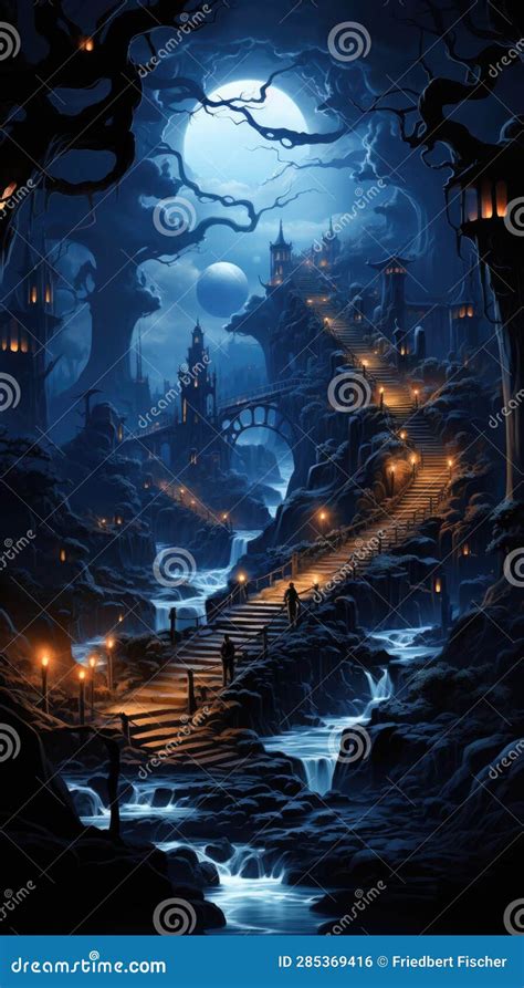 A Painting of a Night Scene with a Castle. Digital Image. Stock ...