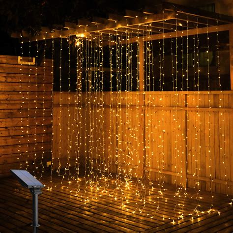 Solar Curtain String Lights Outdoor - 300 LED Fairy Window Powered IP65 Waterproof, Twinkle 8 ...