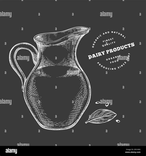 Hand drawn sketch style milk glass jug. Organic fresh food vector illustration isolated on chalk ...