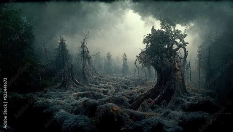 Dark creepy forest with fog. Fantastic night landscape, ominous ...