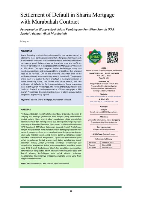 (PDF) Settlement of Default in Sharia Mortgage with Murabahah Contract