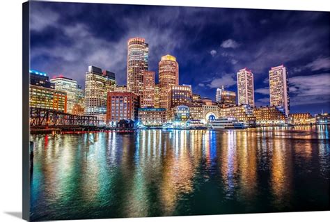 Boston Skyline At Night With Reflecting Lights | Great Big Canvas