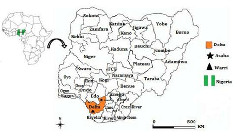 Map of Nigeria showing the location of Delta State and the locations of ...