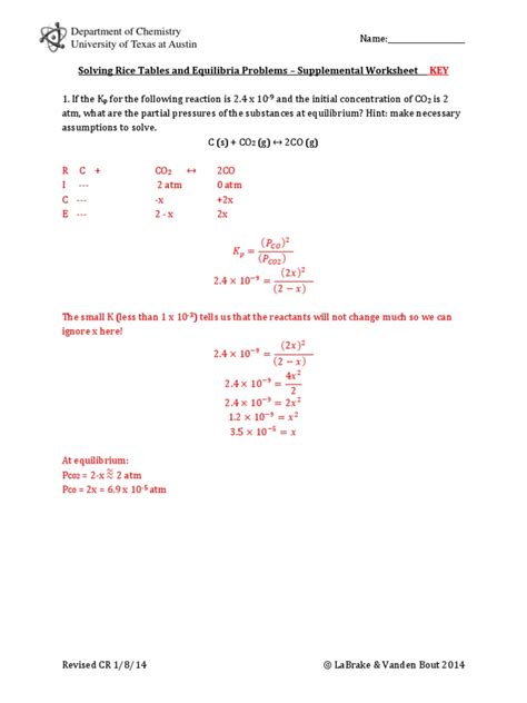 RICE Table Wkst KEY | Chemical Equilibrium | Solubility