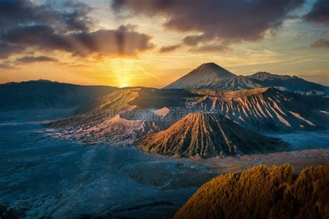 Mount Bromo Volcano Gunung Bromo at Sunrise with Colorful Sky Stock ...