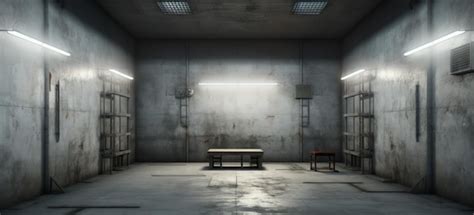 Premium AI Image | an empty prison cell with lights on it in a hallway